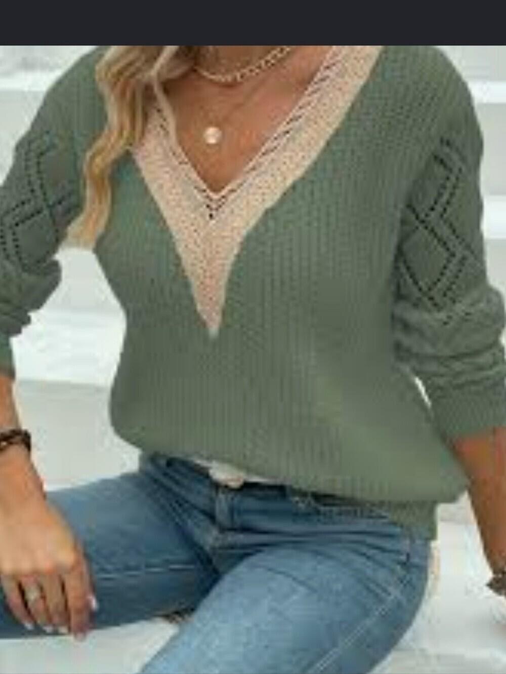 💚5/$25 V-Neck Crochet Lace Trim Knit Sweater Sage Green Size Medium